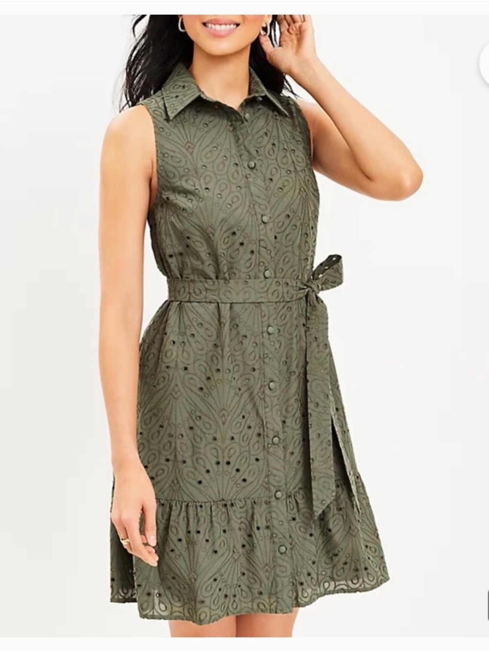 LOFT Olive Green Sleeveless Button-Front Tie-Waist Dress